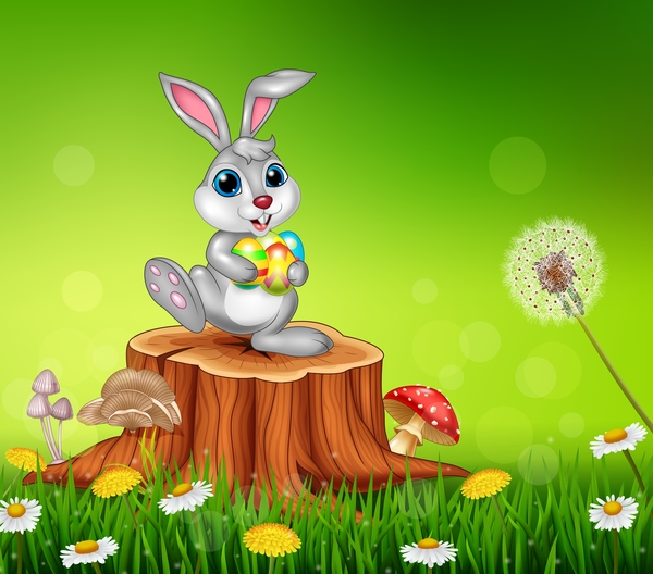 Cute little bunny with green easter background vector 16