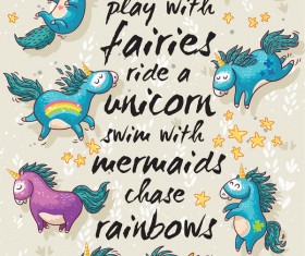 Cute unicorns with greeting card vector 01