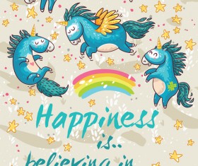 Cute unicorns with greeting card vector 03