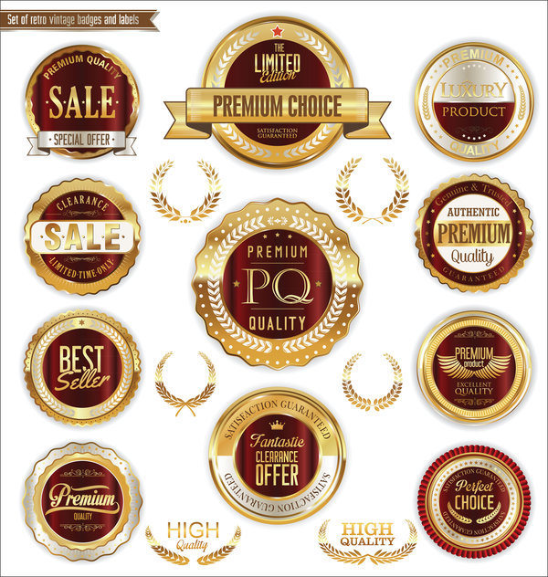 Red with golden badges and labels laurel wreath vector