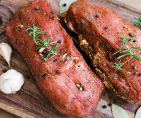 Delicious steak with spices and garlic Stock Photo