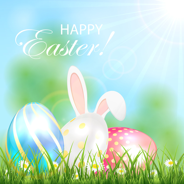 Easter background with shiny eggs and rabbit vector