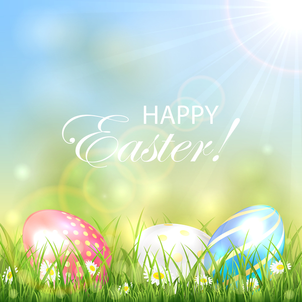 Easter background with three colorful eggs vector