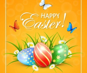 Easter eggs and butterflies on orange background vector