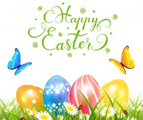Easter eggs on grass and butterflies vector