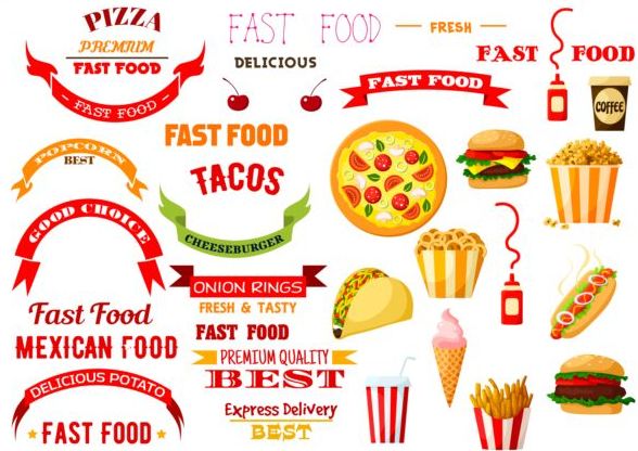 Fast food labels with banners and logo vector 01 free download