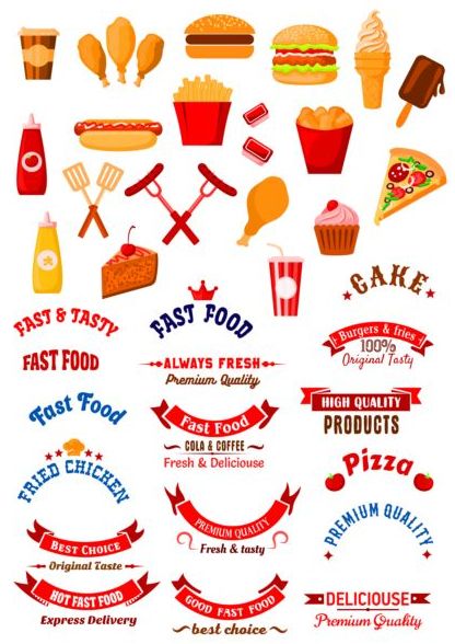 Fast food labels with banners and logo vector 02