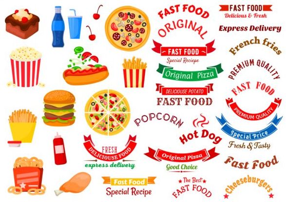 Fast food labels with banners and logo vector 03