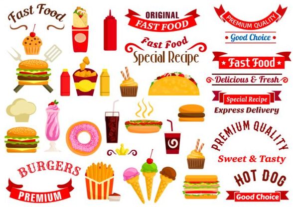 Fast food labels with banners and logo vector 04