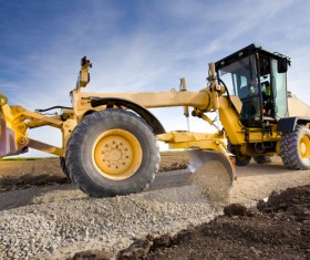 Flat road bulldozer Stock Photo