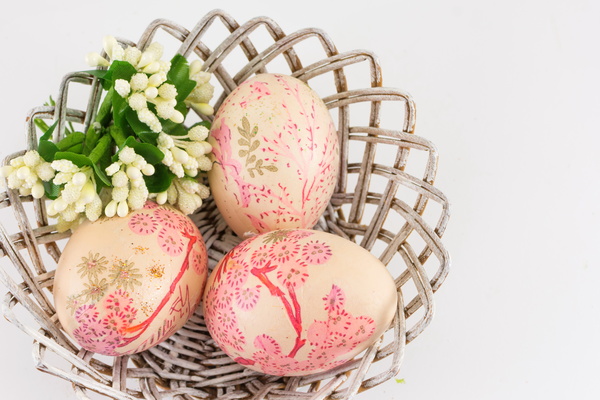Flower basket decorated with eggs Stock Photo