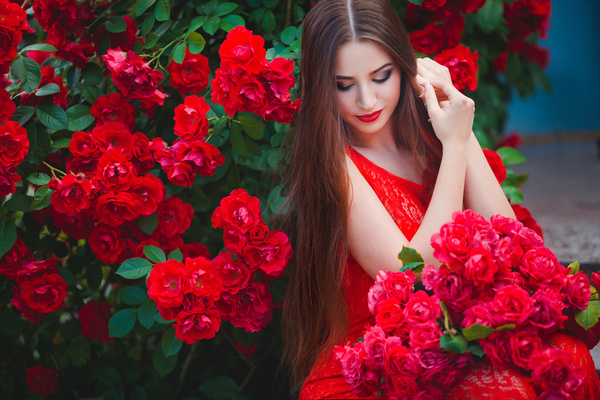 Flowers and leaves beautiful girl Stock Photo