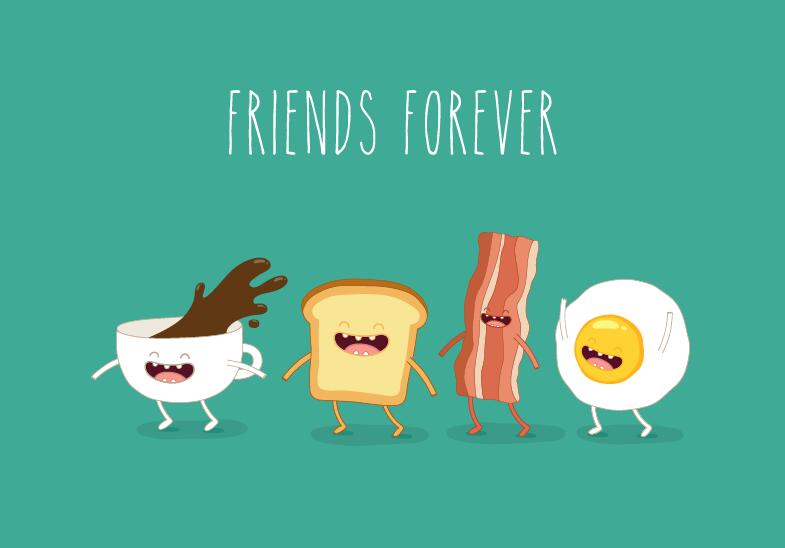 Funny egg and bacon with coffee cartoon characters vector free download