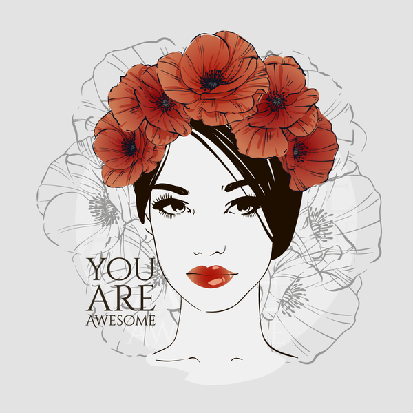 Girl with red rose hand drawn vector 01