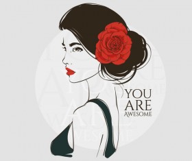 Girl with red rose hand drawn vector 02