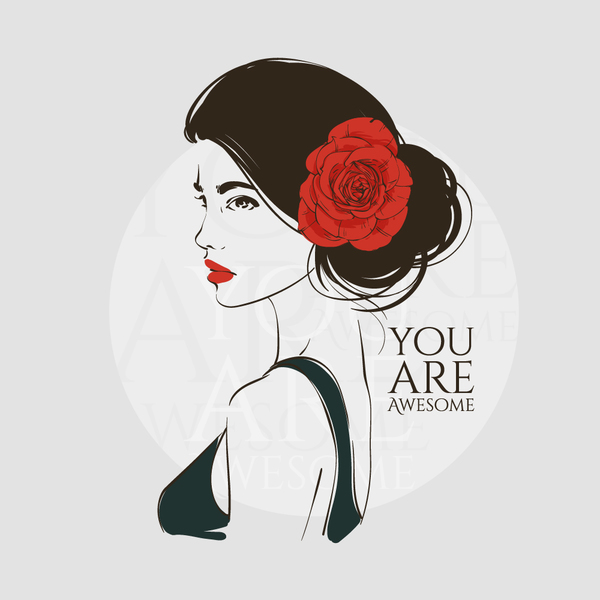 Girl with red rose hand drawn vector 02