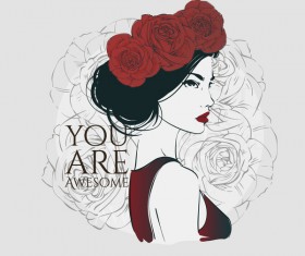 Girl with red rose hand drawn vector 04