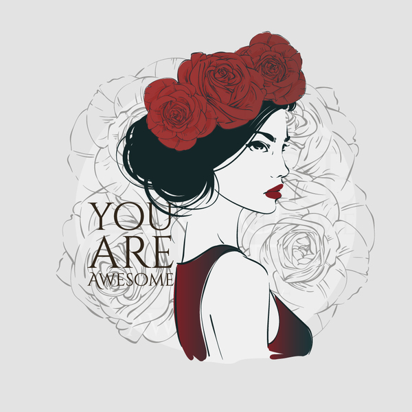 Girl with red rose hand drawn vector 04