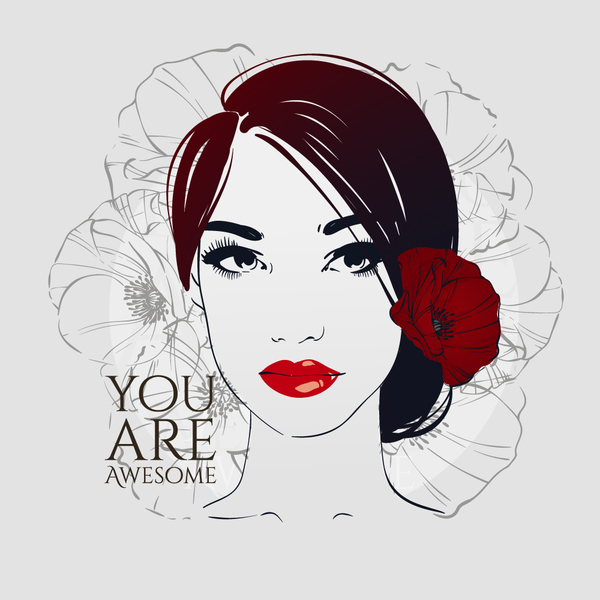 Girl with red rose hand drawn vector 05