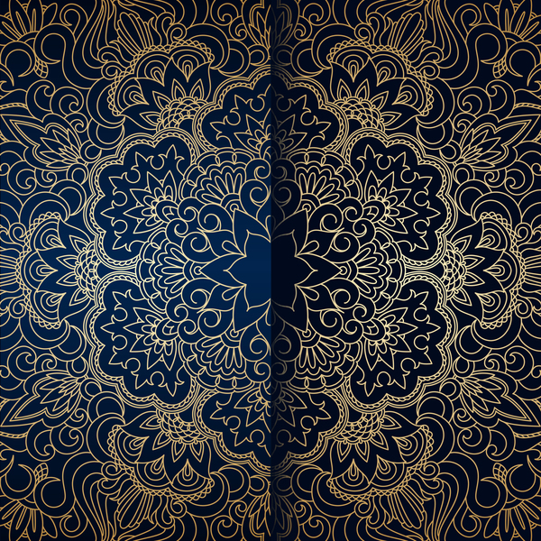 Golden ornament pattern with blue background vector 02