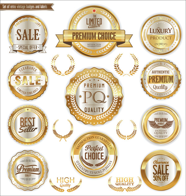 Golden with white badges and labels laurel wreath vector
