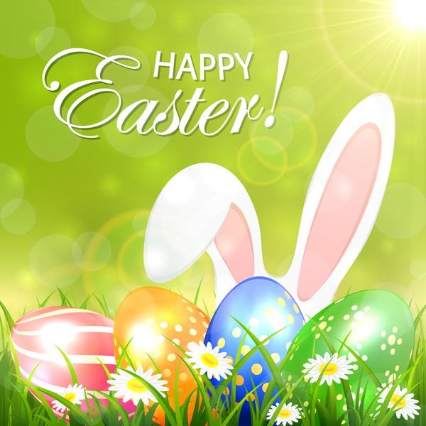 Green background with colored Easter eggs and rabbit vector