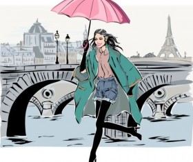 Hand drawn gril with paris travel background vector 01