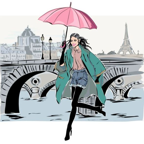 Hand drawn gril with paris travel background vector 01