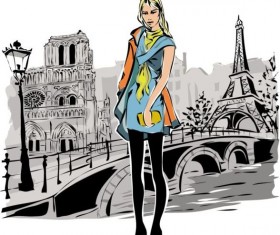 Hand drawn gril with paris travel background vector 02
