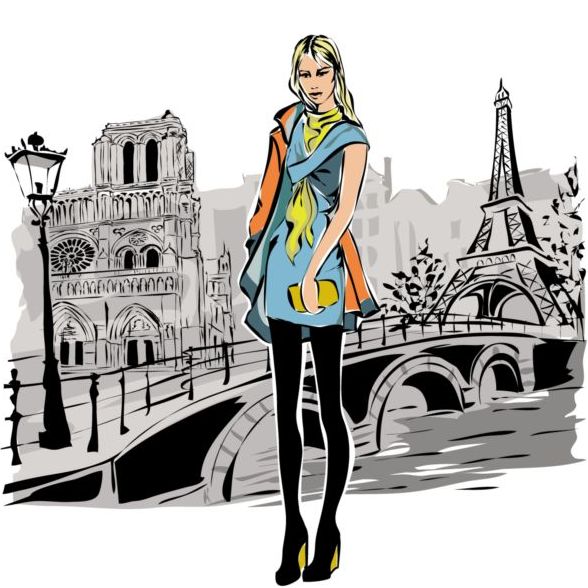 Hand drawn gril with paris travel background vector 02