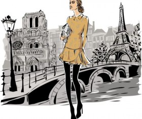 Hand drawn gril with paris travel background vector 03