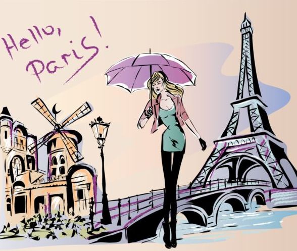 Hand drawn gril with paris travel background vector 04