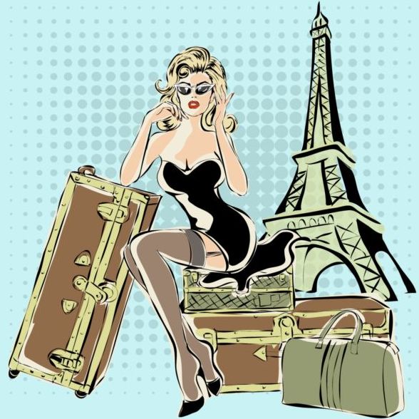 Hand drawn gril with paris travel background vector 05