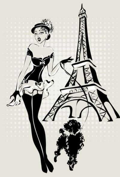 Hand drawn gril with paris travel background vector 06