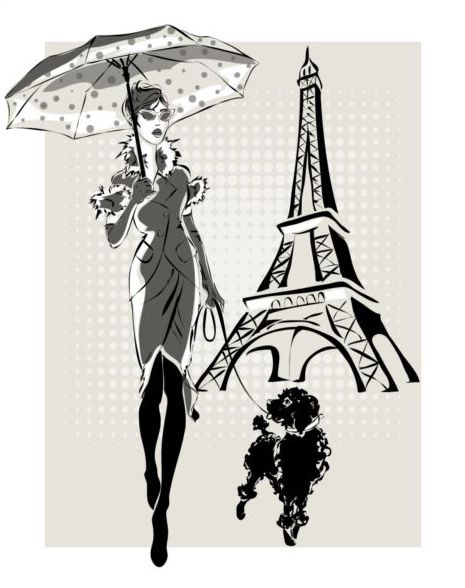 Hand drawn gril with paris travel background vector 08