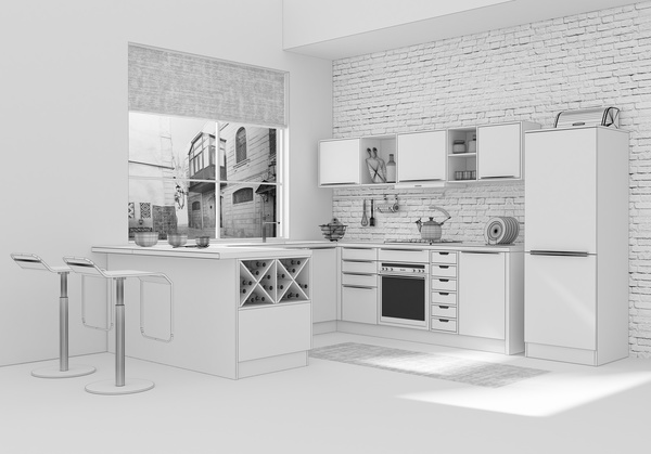 Kitchen Interior 3D Rendering Stock Photo 01
