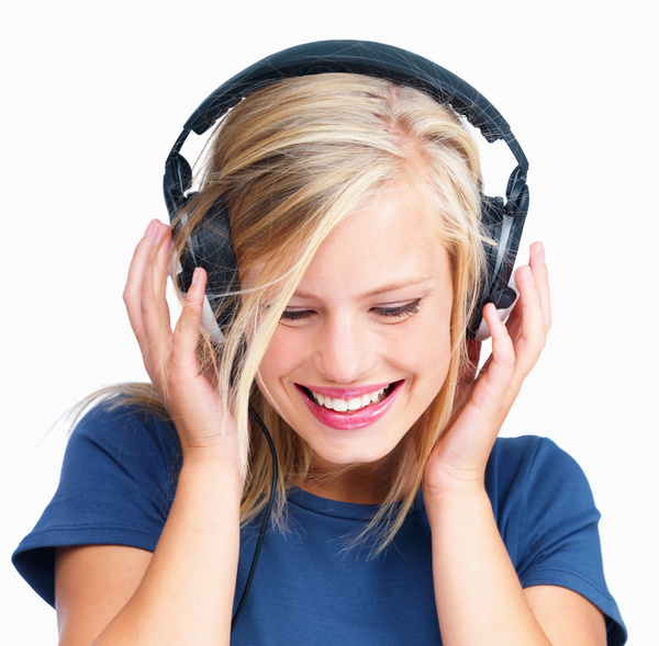 Listen to music girls Stock Photo