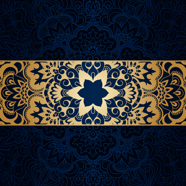 Luxury blue background with ornament gold vector 02