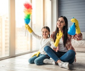 Mom and daughter cleaning house Stock Photo 05