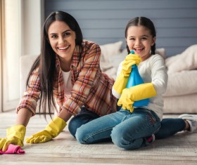 Mom and daughter cleaning house Stock Photo 06