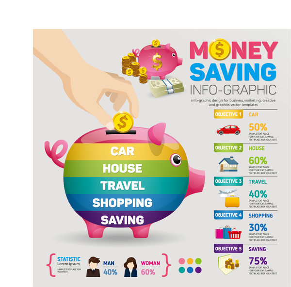 Money saving infographic with piggy bank vector 03