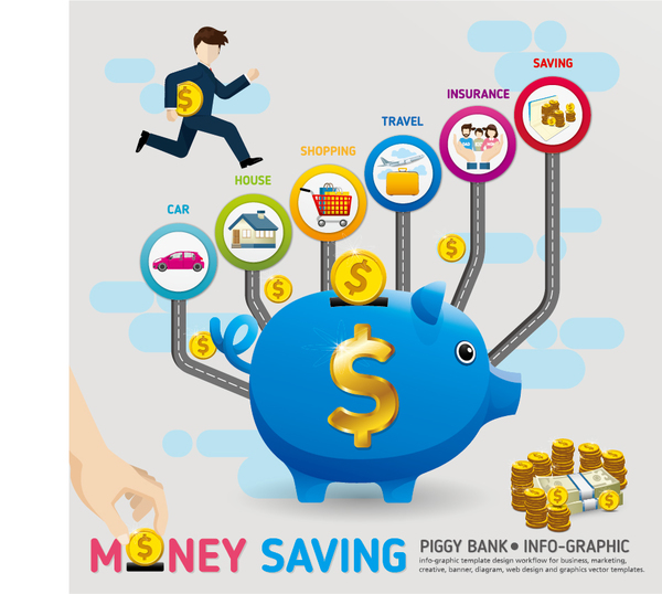 Money saving infographic with piggy bank vector 04