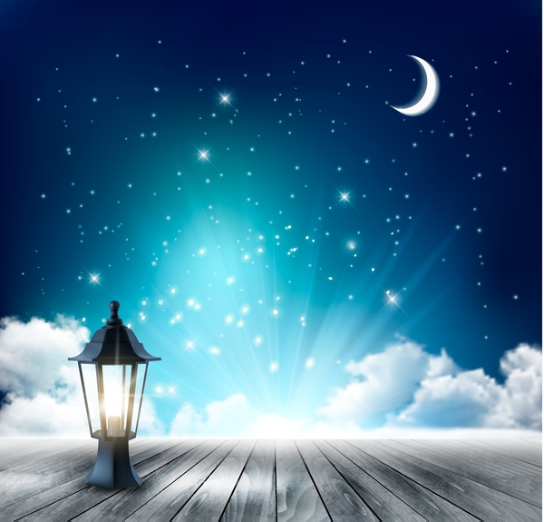 Night nackground with moon and clouds and lamp vector