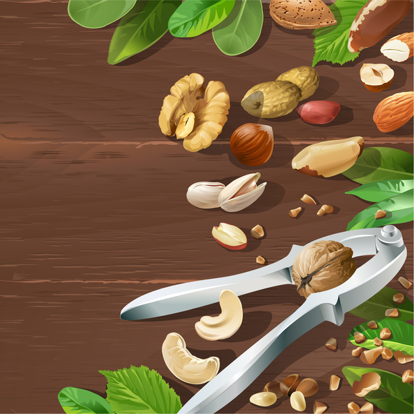 Nuts with wooden background vector