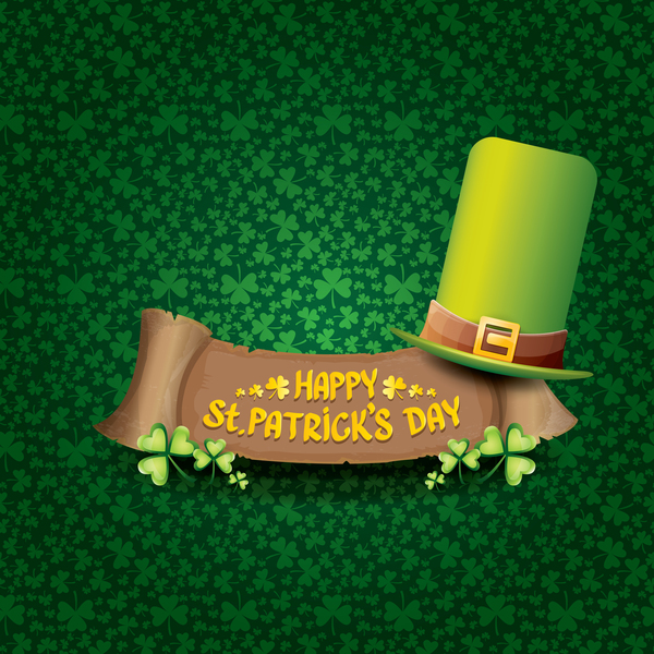 Saint patricks day retro banners with hat and green leaves pattern vector 01