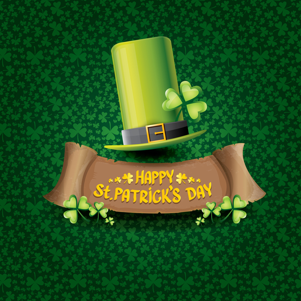 Saint patricks day retro banners with hat and green leaves pattern vector 03