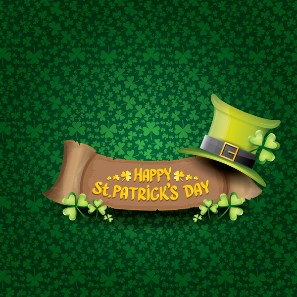 Saint patricks day retro banners with hat and green leaves pattern vector 05