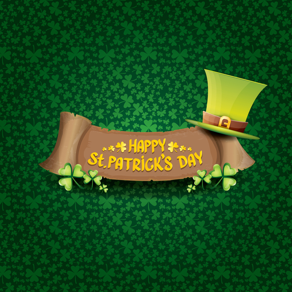 Saint patricks day retro banners with hat and green leaves pattern vector 06