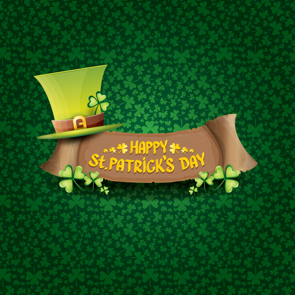 Saint patricks day retro banners with hat and green leaves pattern vector 12