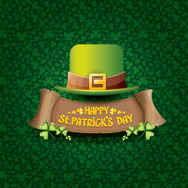 Saint patricks day retro banners with hat and green leaves pattern vector 13
